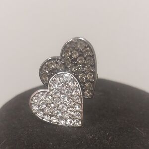 Guess Two Hearts Gunmetal Silvertone Pave Clear Rhinestone Ring Sz 6.75